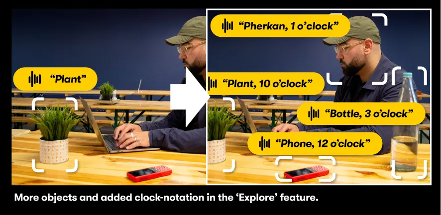 Image comparing the enhanced 'Explore' feature on Envision Glasses with its previous version."Identify an expanded range of objects on the improved 'explore' feature paired with a clock notation."Before: "Plant", "Phone"Now: "Pherkan, 1o'clock", "Plant, 10 o'clock", "Bottle, 3 o'clock", "Phone, 12 o'clock"